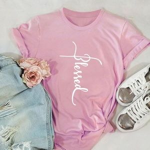 New pink cotton Blessed T-Shirt